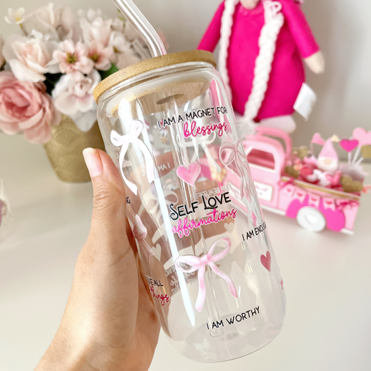 Self Love Affirmations Valentine's Glass Cup